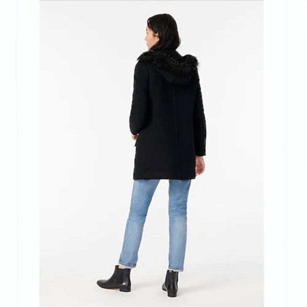 J. Crew Stadium Wool Chateau Parka Coat Black Hooded Faux Fur Trim Size 00 NEW - Picture 3 of 7